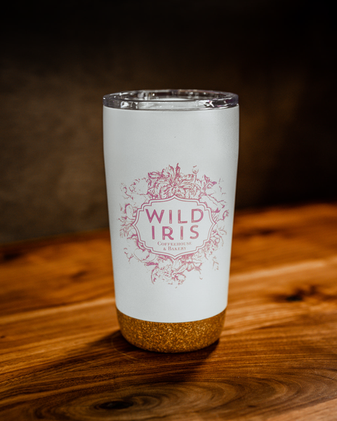 Wild Iris Cork Bottom White Stainless Travel Tumbler - Front | Wild Iris Coffeehouse