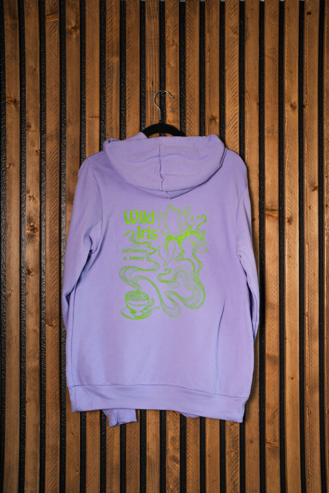 Wild Iris Coffeehouse Coffee Cup & Iris Flower Design _ Unisex Pullover Hoodie