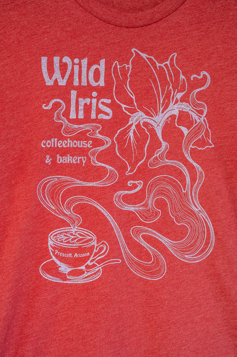 Wild Iris Coffeehouse Coffee Cup & Iris Flower Design _ Unisex T-Shirt