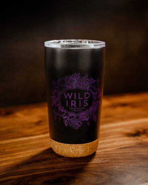 Wild Iris Cork Bottom Black Stainless Travel Tumbler - Front | Wild Iris Coffeehouse